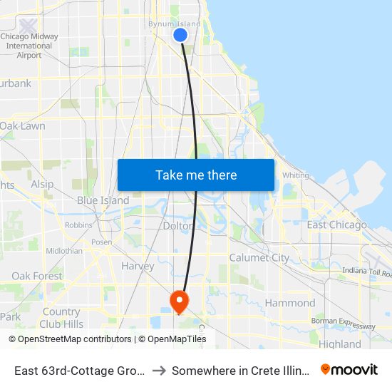 East 63rd-Cottage Grove to Somewhere in Crete Illinois map