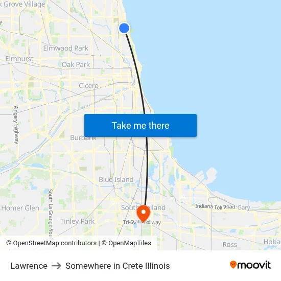 Lawrence to Somewhere in Crete Illinois map