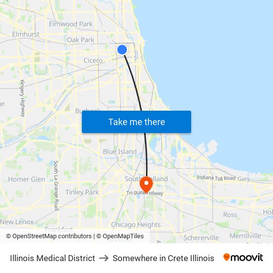 Illinois Medical District to Somewhere in Crete Illinois map