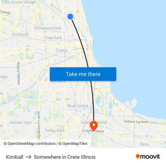 Kimball to Somewhere in Crete Illinois map