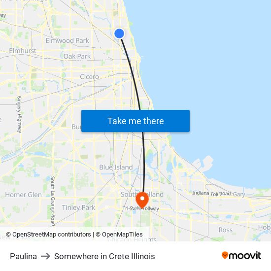 Paulina to Somewhere in Crete Illinois map