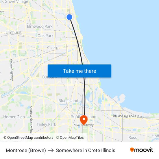 Montrose (Brown) to Somewhere in Crete Illinois map