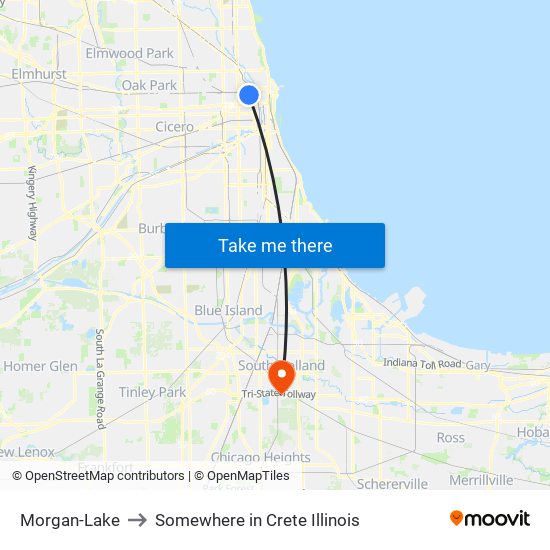 Morgan-Lake to Somewhere in Crete Illinois map