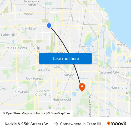 Kedzie & 95th Street (South) to Somewhere in Crete Illinois map