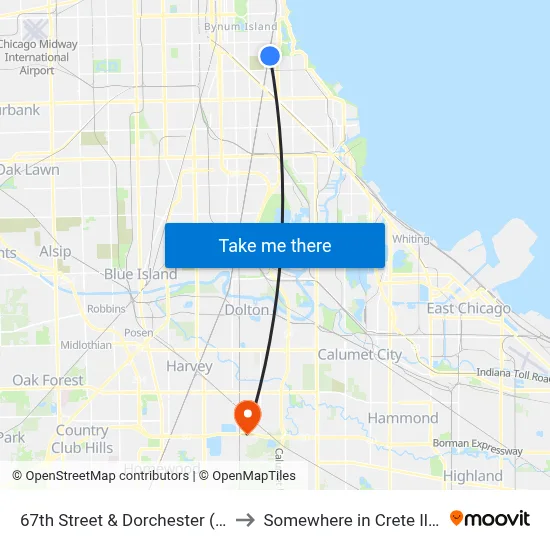 67th Street & Dorchester (West) to Somewhere in Crete Illinois map