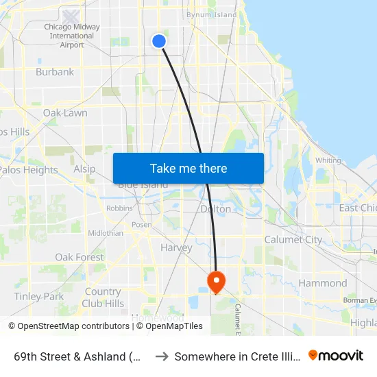 69th Street & Ashland (West) to Somewhere in Crete Illinois map