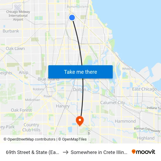69th Street & State (East) to Somewhere in Crete Illinois map