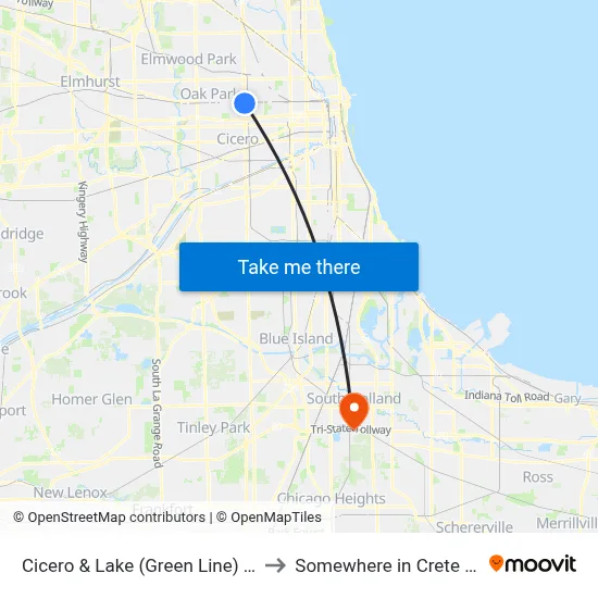 Cicero & Lake (Green Line) (South) to Somewhere in Crete Illinois map