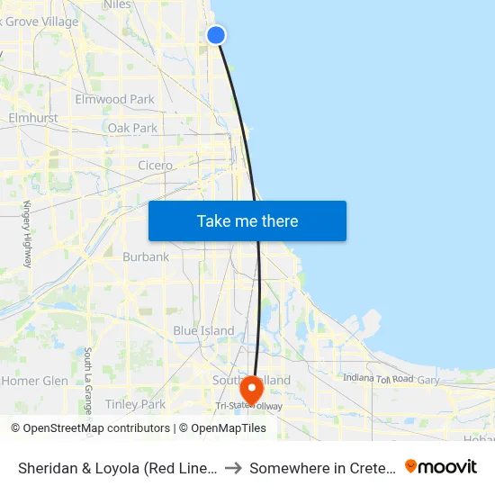 Sheridan & Loyola (Red Line) (South) to Somewhere in Crete Illinois map