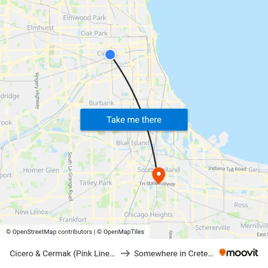 Cicero & Cermak (Pink Line) (North) to Somewhere in Crete Illinois map
