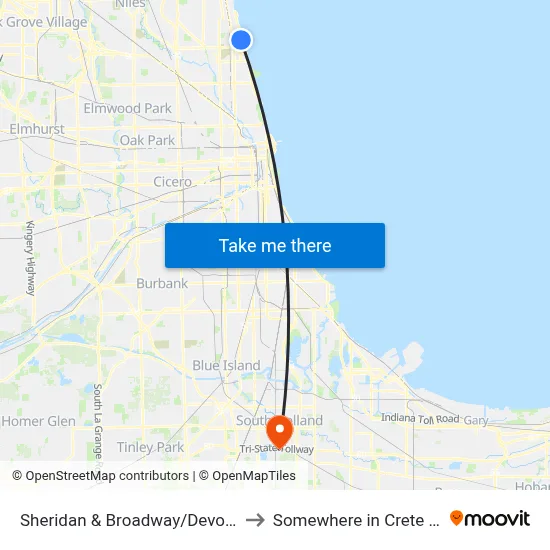 Sheridan & Broadway/Devon (East) to Somewhere in Crete Illinois map