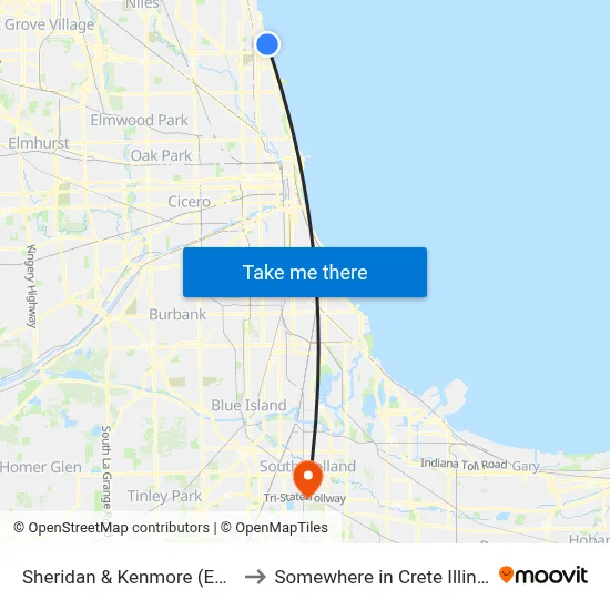 Sheridan & Kenmore (East) to Somewhere in Crete Illinois map