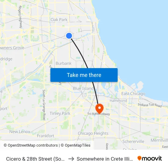 Cicero & 28th Street (South) to Somewhere in Crete Illinois map