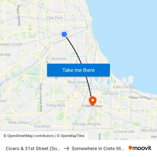 Cicero & 31st Street (South) to Somewhere in Crete Illinois map