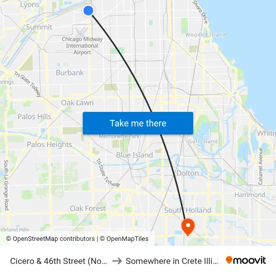 Cicero & 46th Street (North) to Somewhere in Crete Illinois map