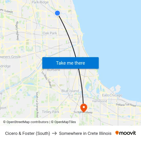 Cicero & Foster (South) to Somewhere in Crete Illinois map