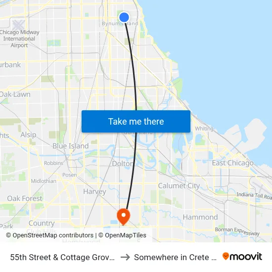 55th Street & Cottage Grove (East) to Somewhere in Crete Illinois map