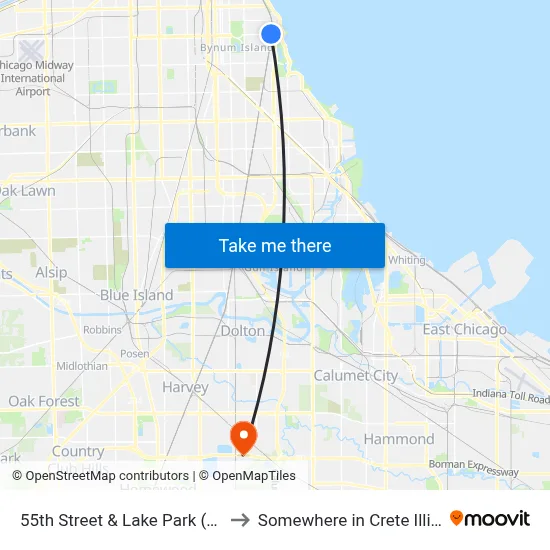 55th Street & Lake Park (East) to Somewhere in Crete Illinois map