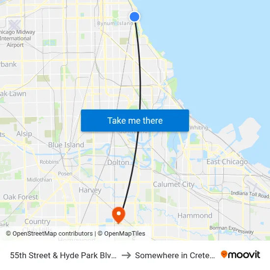 55th Street & Hyde Park Blvd (West) to Somewhere in Crete Illinois map