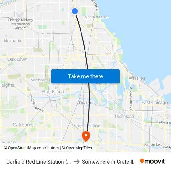 Garfield Red Line Station (West) to Somewhere in Crete Illinois map