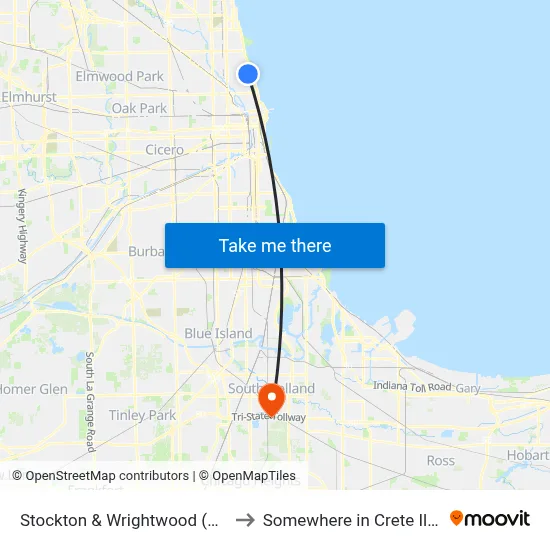 Stockton & Wrightwood (South) to Somewhere in Crete Illinois map