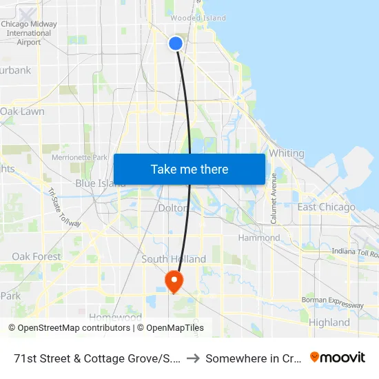 71st Street & Cottage Grove/S. Chicago (East) to Somewhere in Crete Illinois map