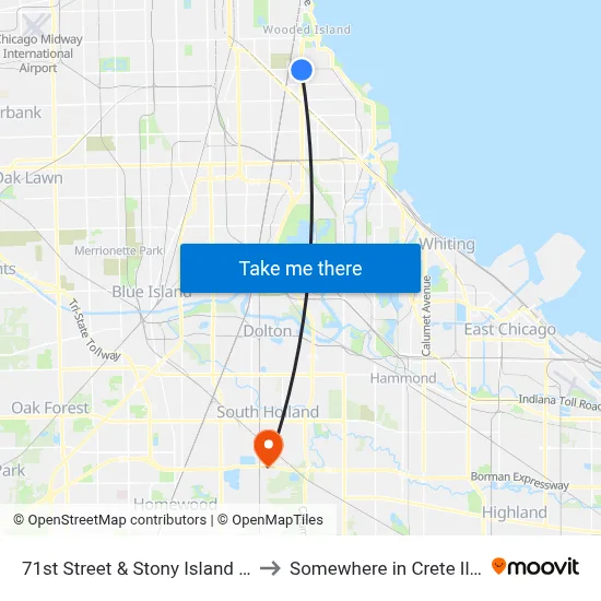 71st Street & Stony Island (East) to Somewhere in Crete Illinois map