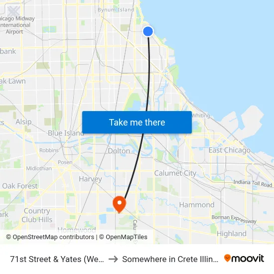 71st Street & Yates (West) to Somewhere in Crete Illinois map