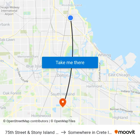 75th Street & Stony Island (West) to Somewhere in Crete Illinois map