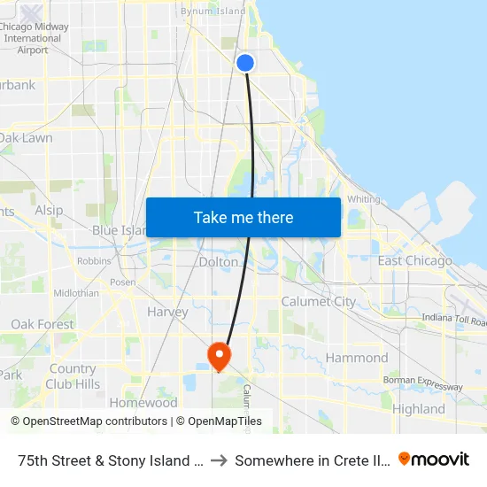 75th Street & Stony Island (East) to Somewhere in Crete Illinois map