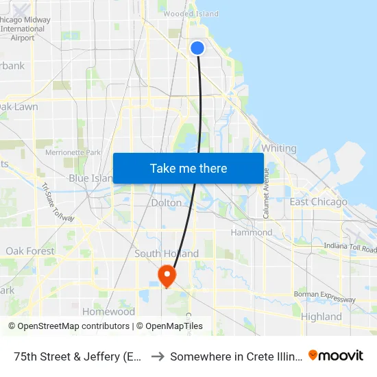 75th Street & Jeffery (East) to Somewhere in Crete Illinois map
