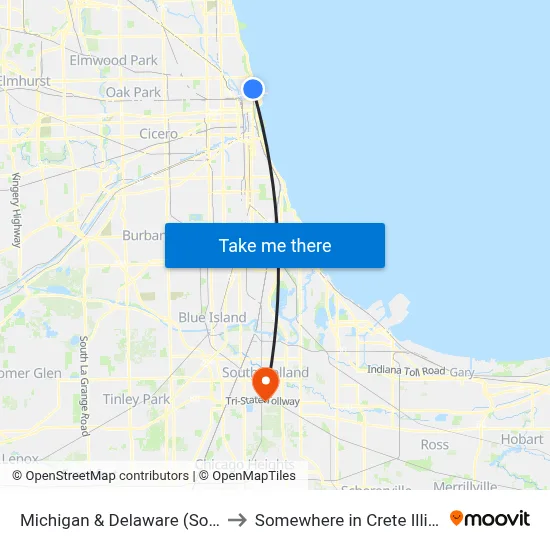 Michigan & Delaware (South) to Somewhere in Crete Illinois map