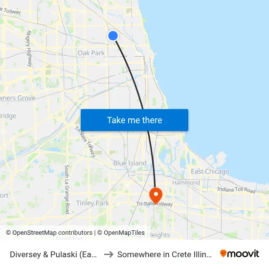 Diversey & Pulaski (East) to Somewhere in Crete Illinois map