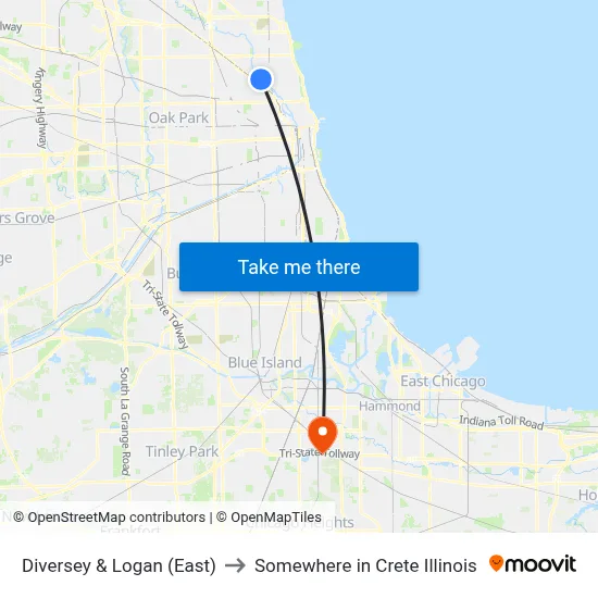 Diversey & Logan (East) to Somewhere in Crete Illinois map