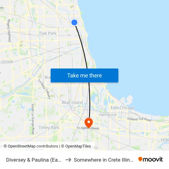 Diversey & Paulina (East) to Somewhere in Crete Illinois map