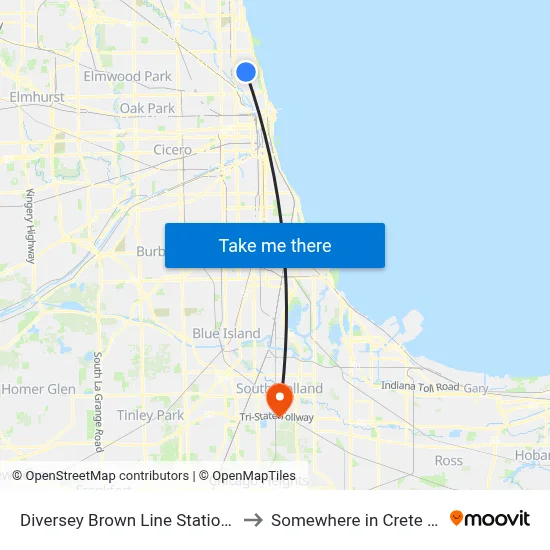 Diversey Brown Line Station (East) to Somewhere in Crete Illinois map