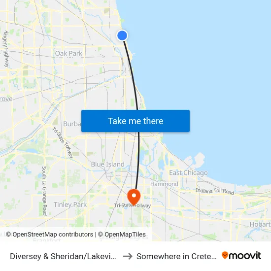 Diversey & Sheridan/Lakeview (East) to Somewhere in Crete Illinois map