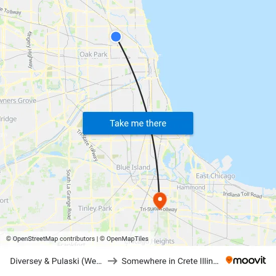 Diversey & Pulaski (West) to Somewhere in Crete Illinois map