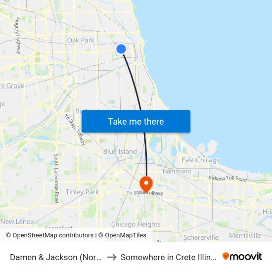 Damen & Jackson (North) to Somewhere in Crete Illinois map