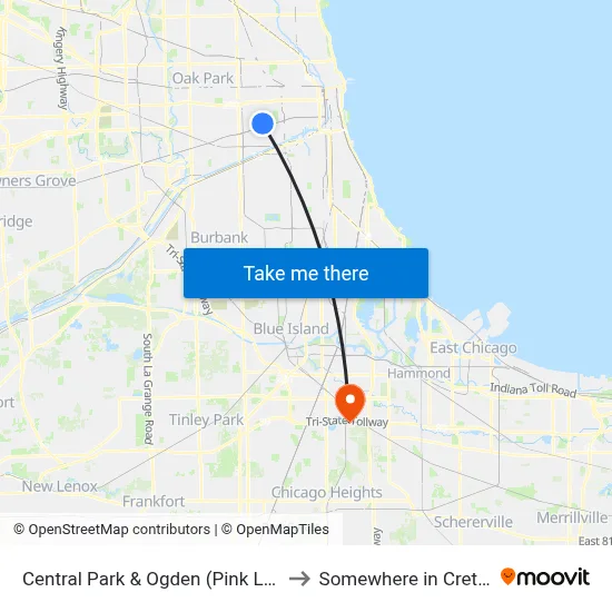 Central Park & Ogden (Pink Line) (South) to Somewhere in Crete Illinois map