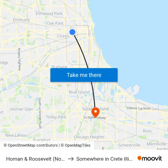 Homan & Roosevelt (North) to Somewhere in Crete Illinois map