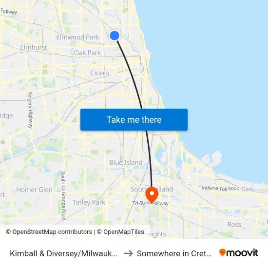 Kimball & Diversey/Milwaukee (North) to Somewhere in Crete Illinois map