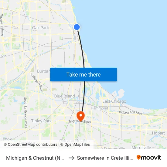 Michigan & Chestnut (North) to Somewhere in Crete Illinois map