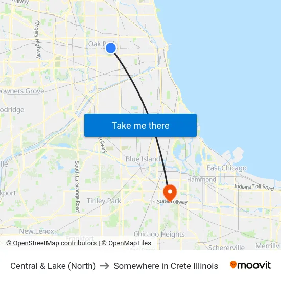 Central & Lake (North) to Somewhere in Crete Illinois map