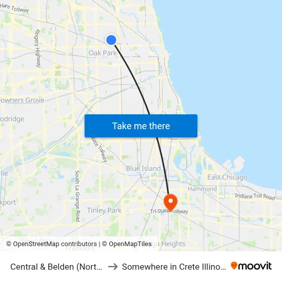 Central & Belden (North) to Somewhere in Crete Illinois map