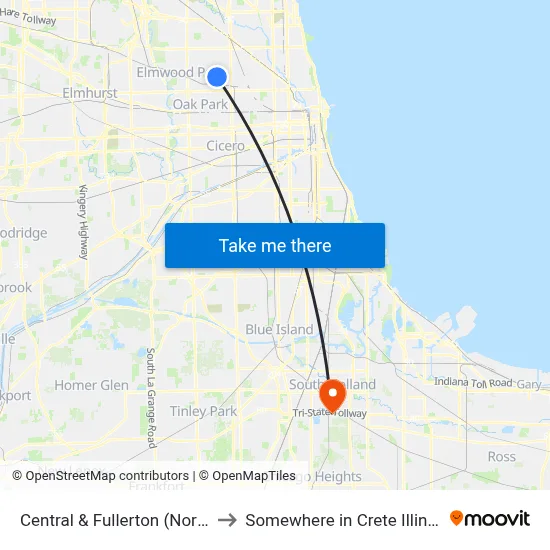 Central & Fullerton (North) to Somewhere in Crete Illinois map