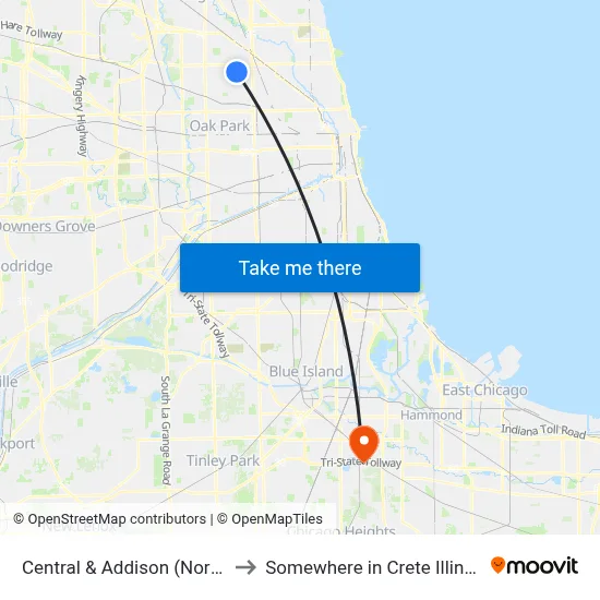 Central & Addison (North) to Somewhere in Crete Illinois map