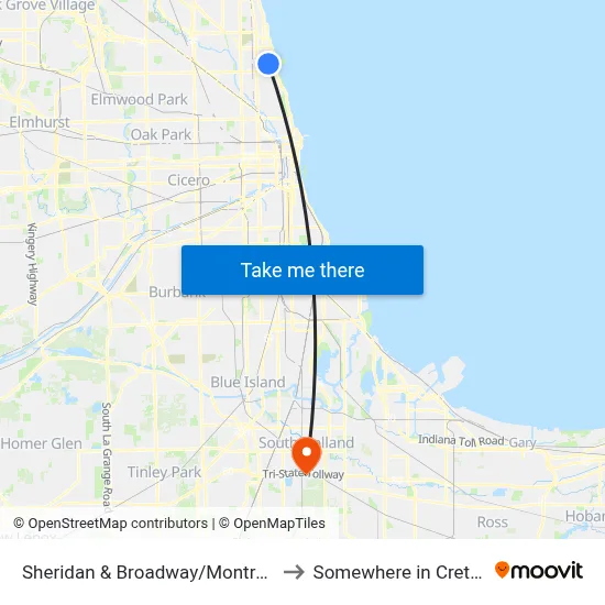 Sheridan & Broadway/Montrose (North) to Somewhere in Crete Illinois map
