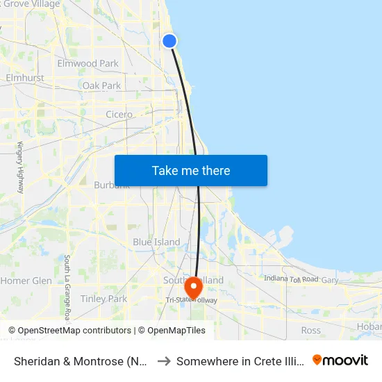 Sheridan & Montrose (North) to Somewhere in Crete Illinois map