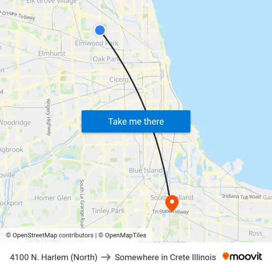 4100 N. Harlem (North) to Somewhere in Crete Illinois map
